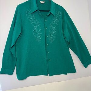 BonWorth Womens Green Embroidered Button Front Blouse Long Sleeve L Petite